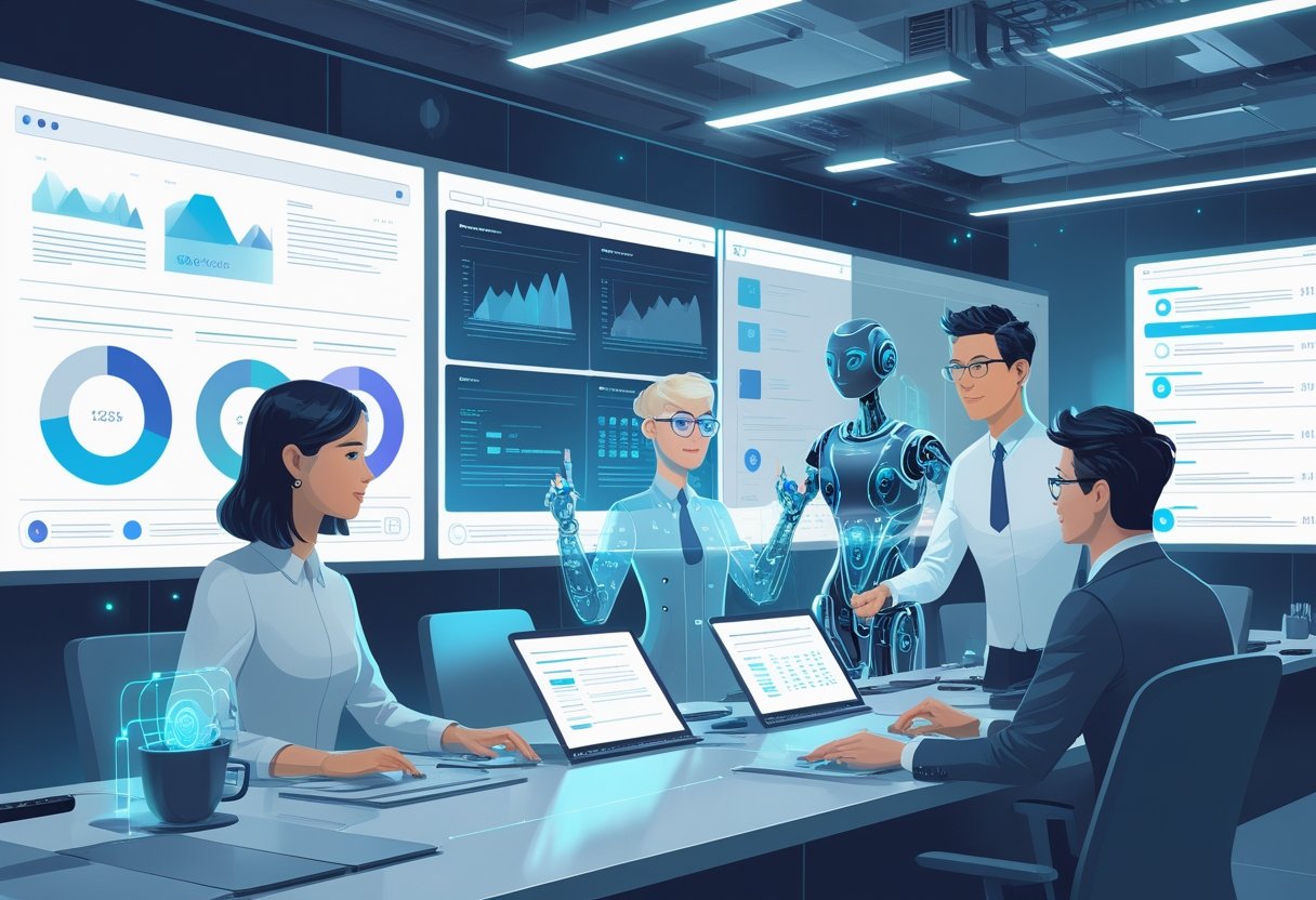 A group of human moderators working alongside AI avatars in a high-tech control room with multiple screens showing online content and moderation data.