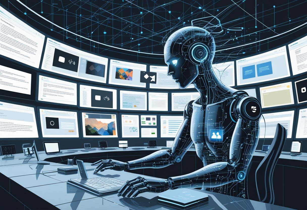 A futuristic AI figure in a digital control room analyzing various types of online content with warning symbols and fragmented data streams around it, illustrating the challenges of AI content moderation.