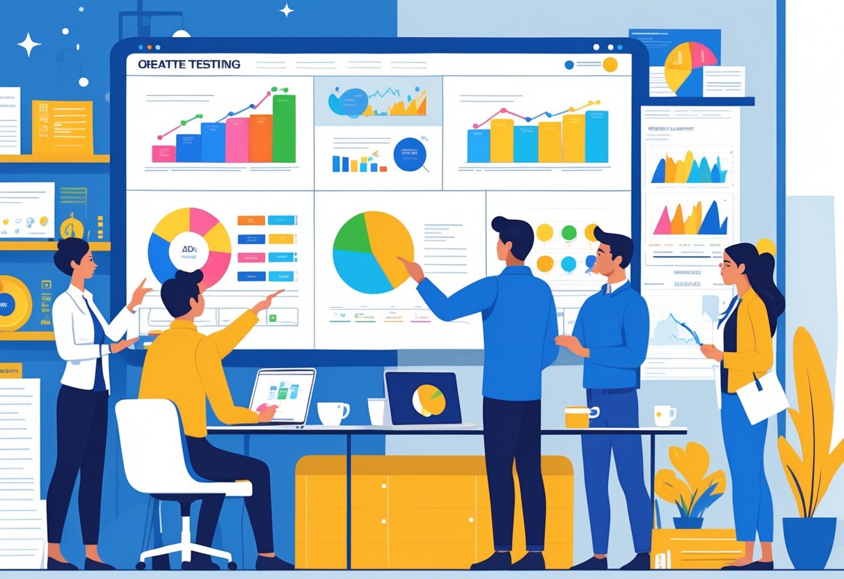 A team of marketing professionals collaborating around a digital screen showing different ad designs and data charts in a modern office.