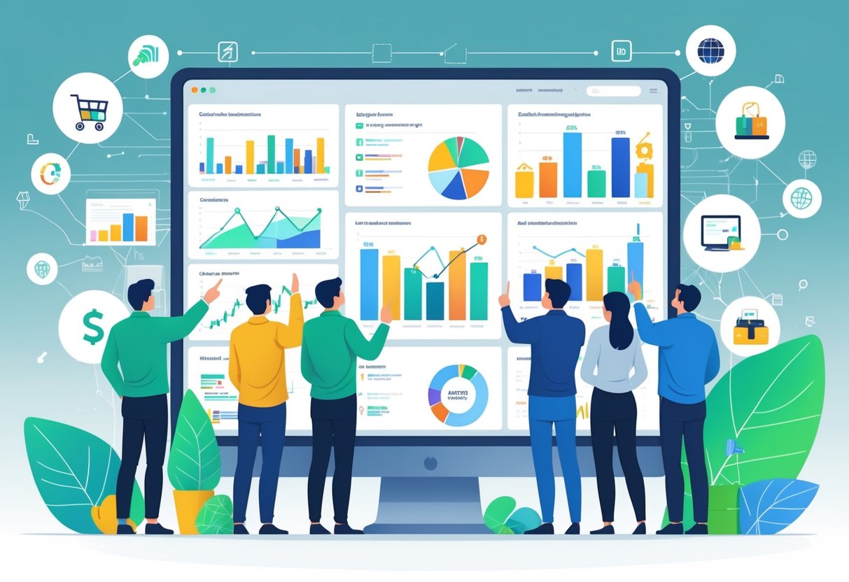A group of professionals analyzing colorful charts and graphs on a computer screen related to online sales and e-commerce data.