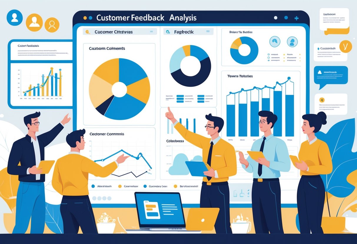 A team of professionals working together around a digital dashboard with charts and graphs analyzing customer feedback.
