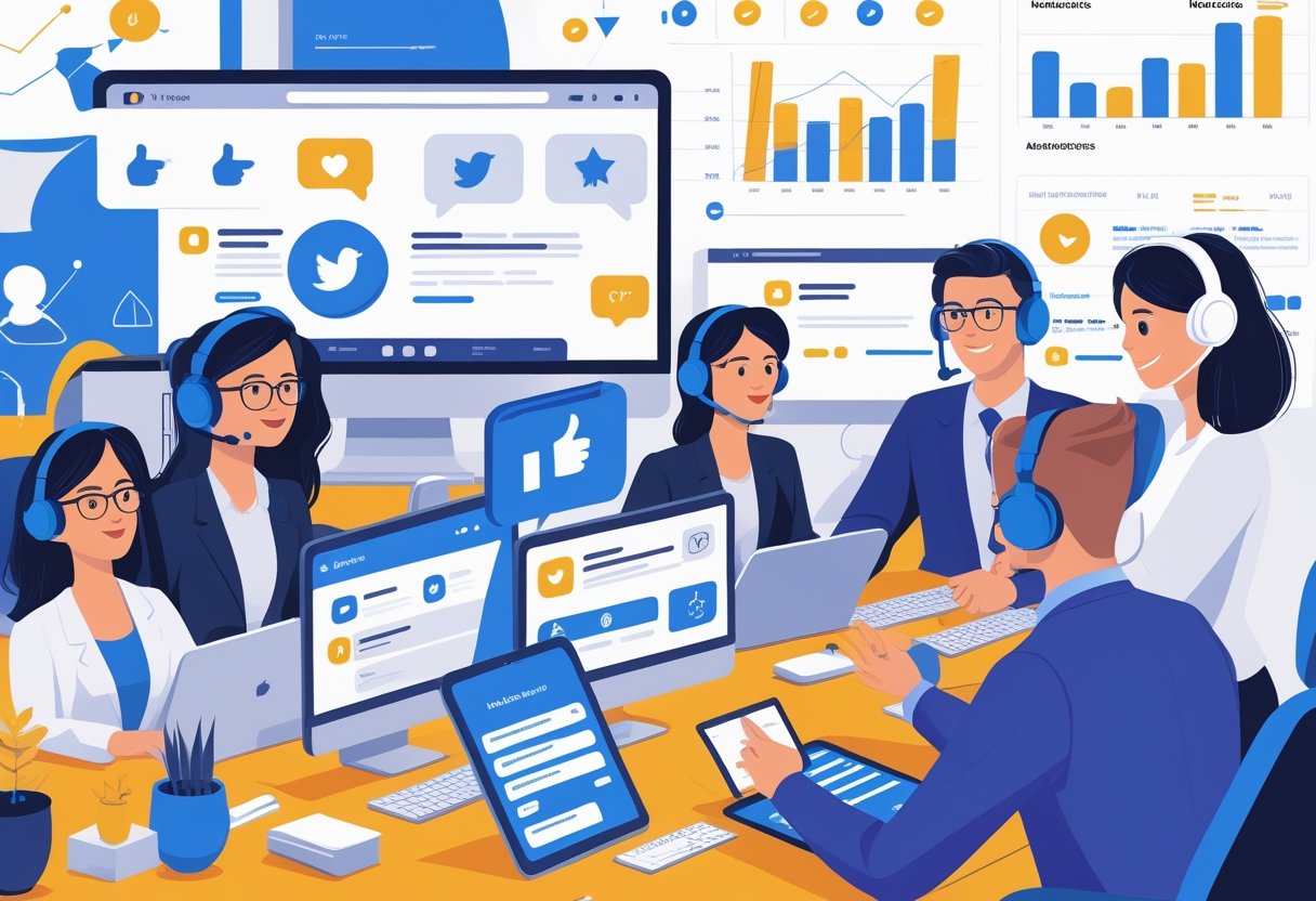 A team of people working together at computers to review and manage social media content in an office setting.