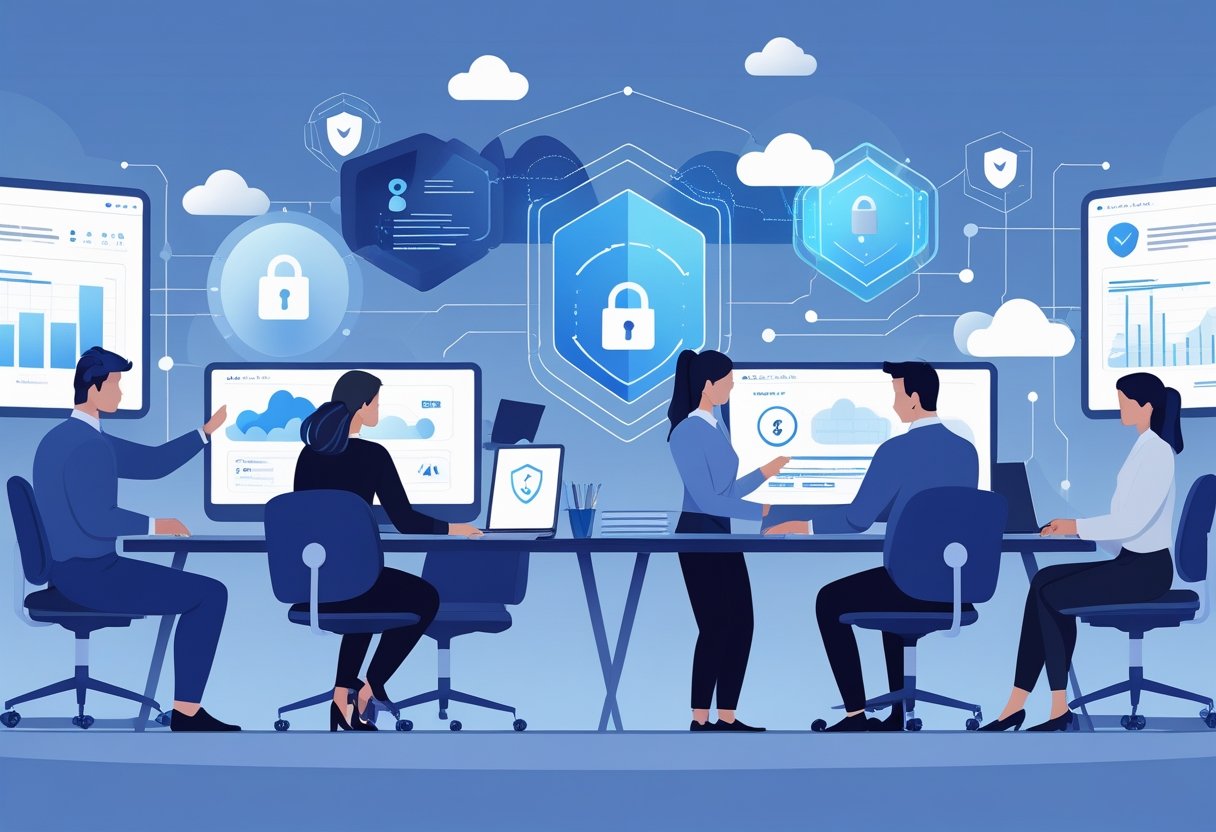 A team of professionals working in an office with computer screens showing data security and privacy symbols, representing social media moderation services.