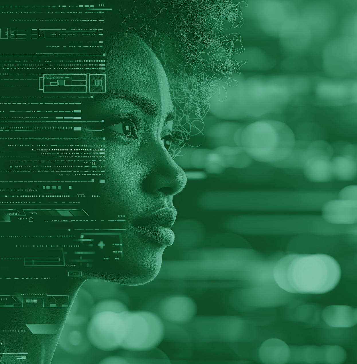 A futuristic image of a lady with a green background.