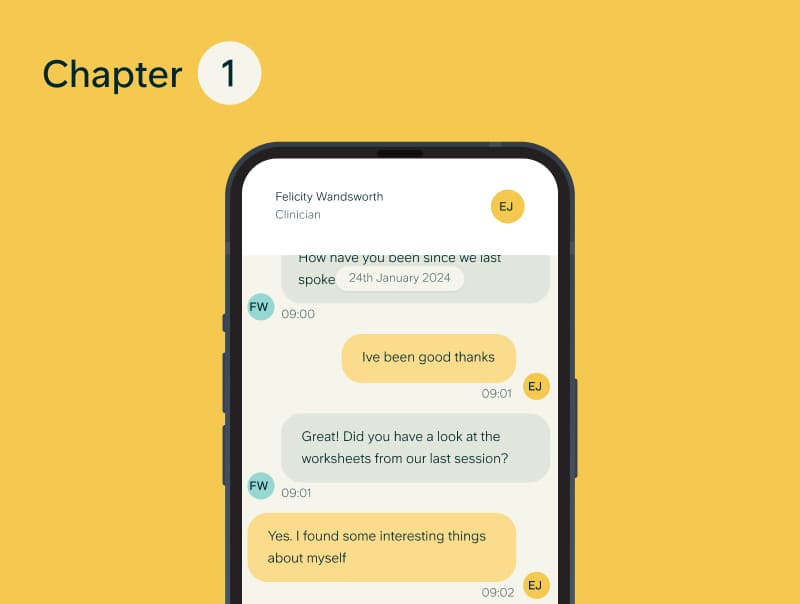 An image of a phone with 2 people having a conversation.