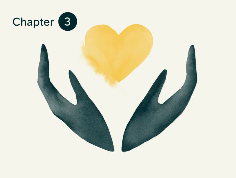 An illustration of 2 hands facing upwards with a heart in the centre
