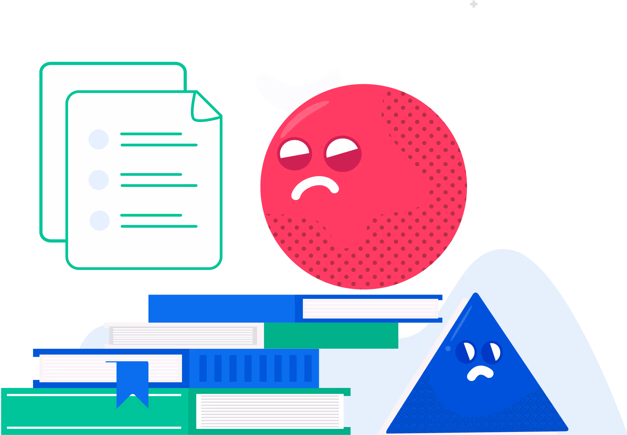 A pixel-art style icon showing a document, a stack of books, and a red angry face.