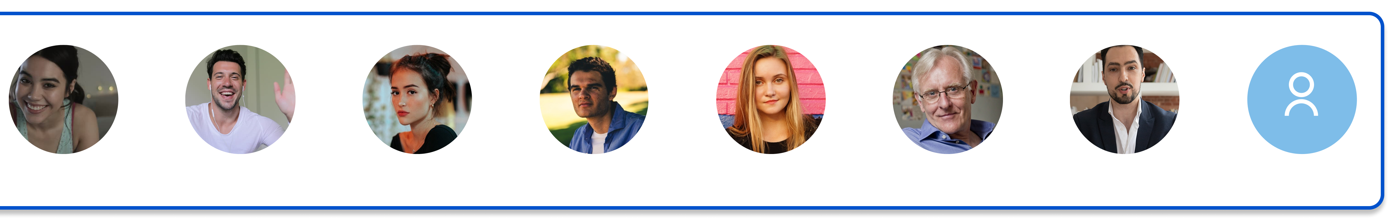 Eine horizontale Reihe von runden Profilbildern verschiedener Teilnehmer, abgeschlossen durch ein blaues Icon für ein Benutzerprofil. Darüber steht der Text ‚Network with fellow participants‘.