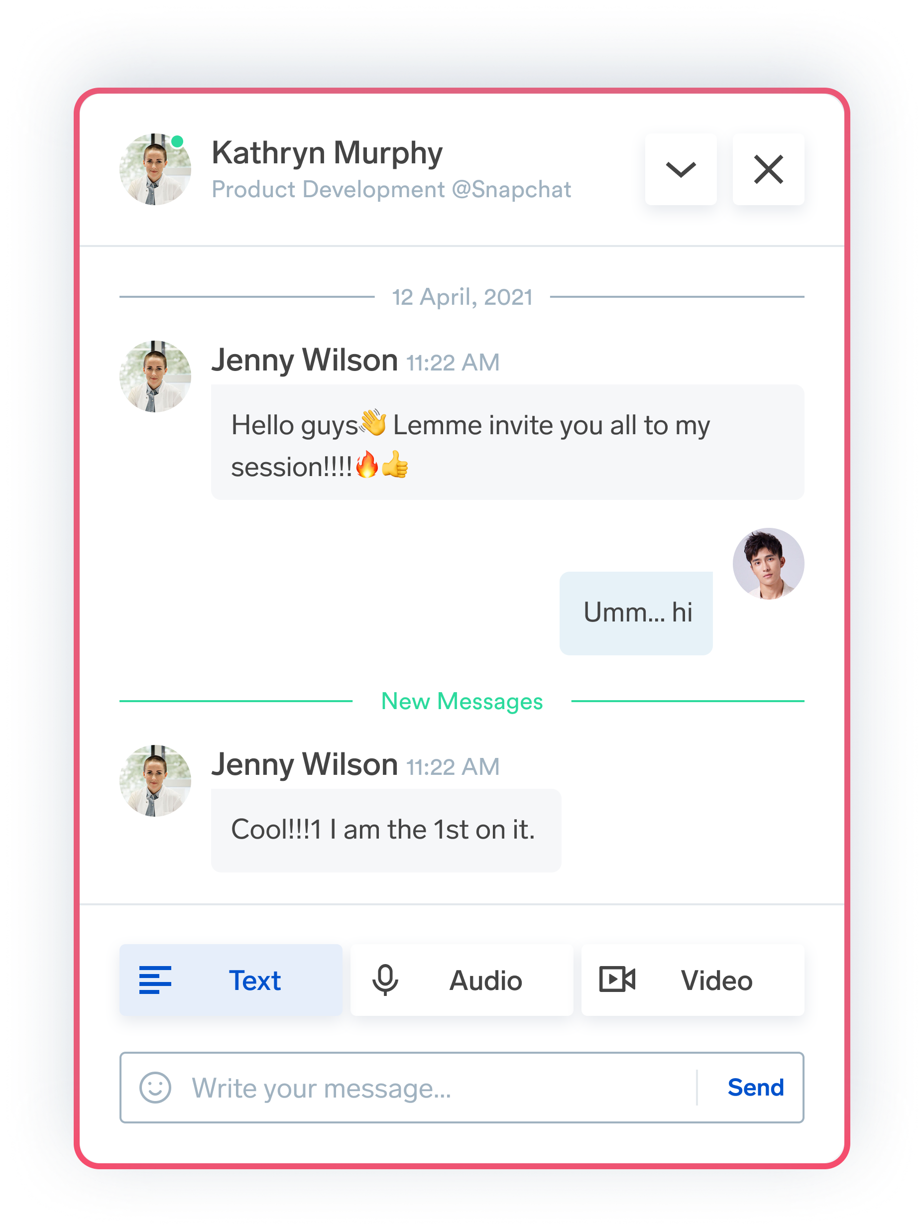 Benutzeroberfläche eines Chat-Fensters mit Nachrichten von Jenny Wilson und einem weiteren Teilnehmer. Am unteren Rand befinden sich Tabs für Text-, Audio- und Videonachrichten sowie ein Eingabefeld.