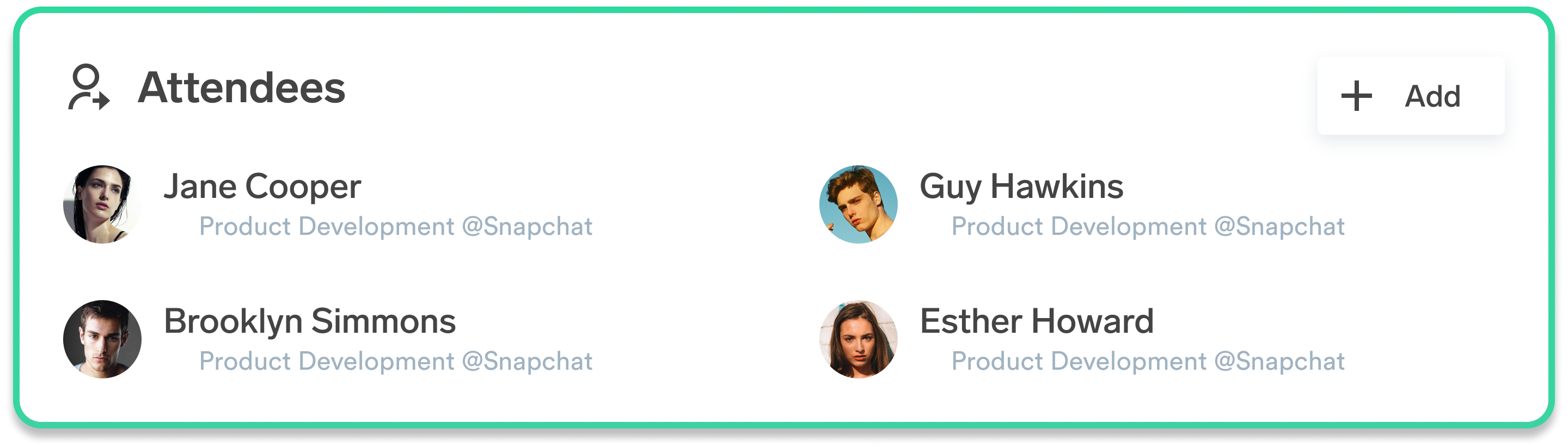 Eine Liste der Veranstaltungsteilnehmer mit Namen und Berufsbezeichnungen sowie einer Schaltfläche zum Hinzufügen weiterer Personen.