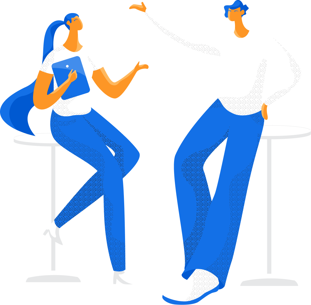 Flat vector illustration of two people with blue hair and orange skin sitting on high stools, engaging in a conversation.