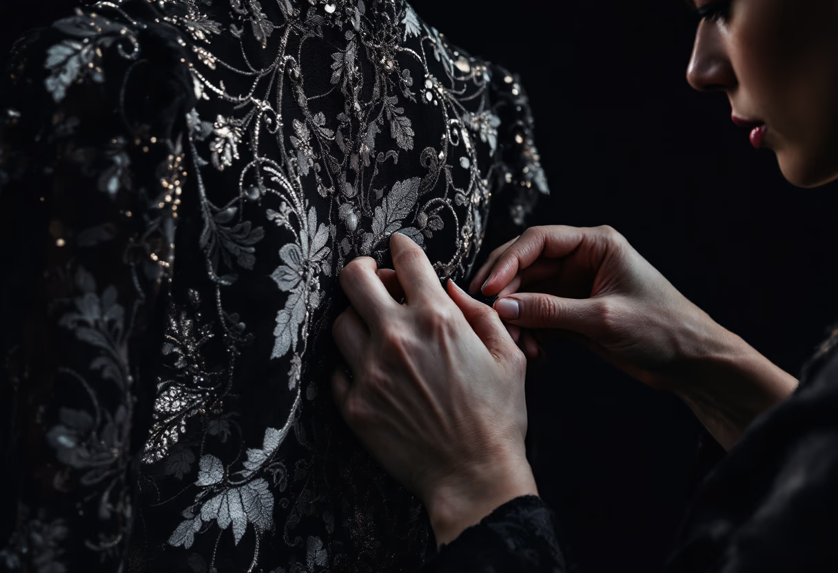 image of a tailor adjusting a dress on a mannequin
