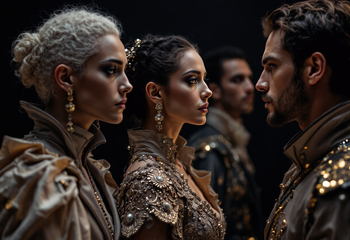 actors in costume on a dimly lit set