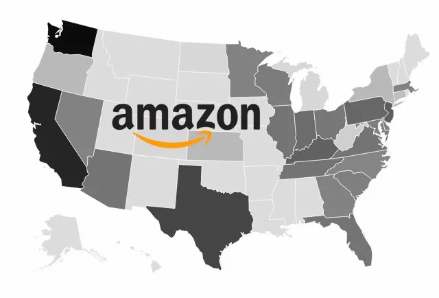 A map of the United States with an Amazon logo on it.