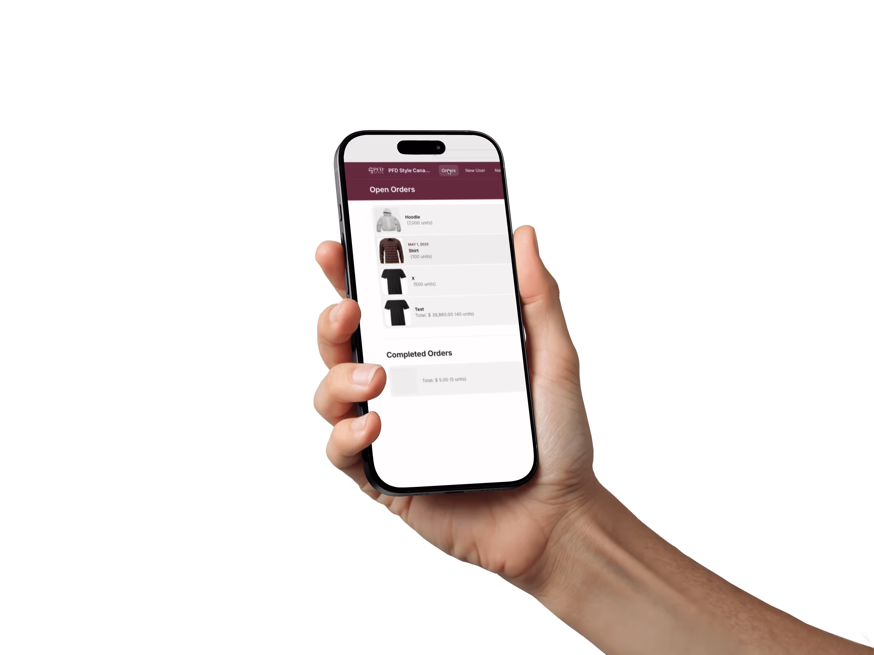 Mobile mockup of the order tracking feature in the PFD dashboard.