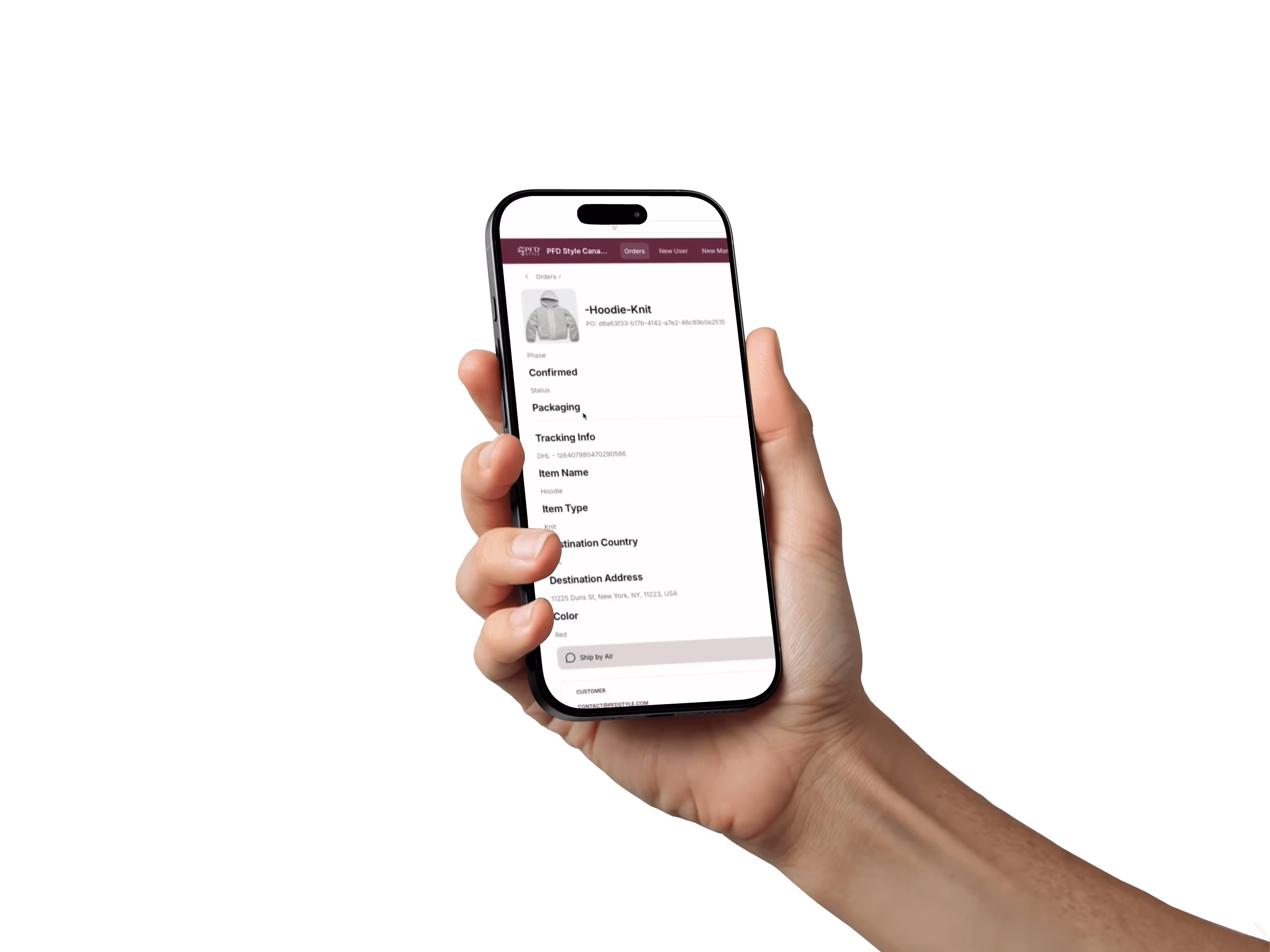 Mobile mockup of the order tracking feature in the PFD dashboard.
