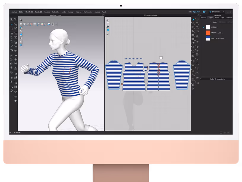 Computer screen displaying 3D fashion design software. The left side shows a 3D model of a running figure wearing a blue and white striped long-sleeve shirt, while the right side shows the corresponding flat pattern pieces for the garment. The interface includes fabric selection, simulation controls, and design tools.