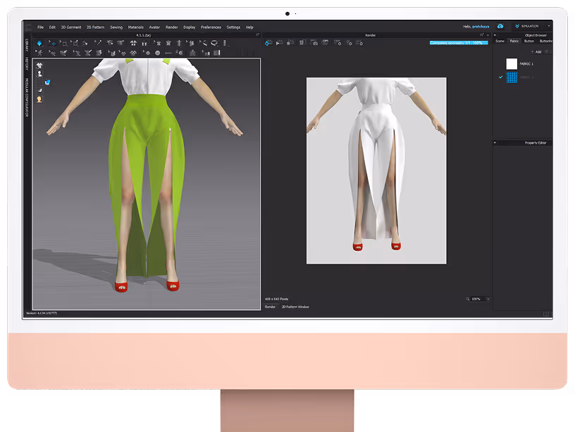 Computer screen displaying 3D fashion design software. The left panel shows a 3D model wearing a white blouse with a long bright green skirt featuring two high front slits. The right panel shows a rendered version of the same outfit with the skirt in white. The software interface includes garment editing, fabric options, and rendering tools.