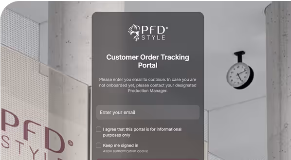 The PFD Style client login portal where clients can manage their orders and account
