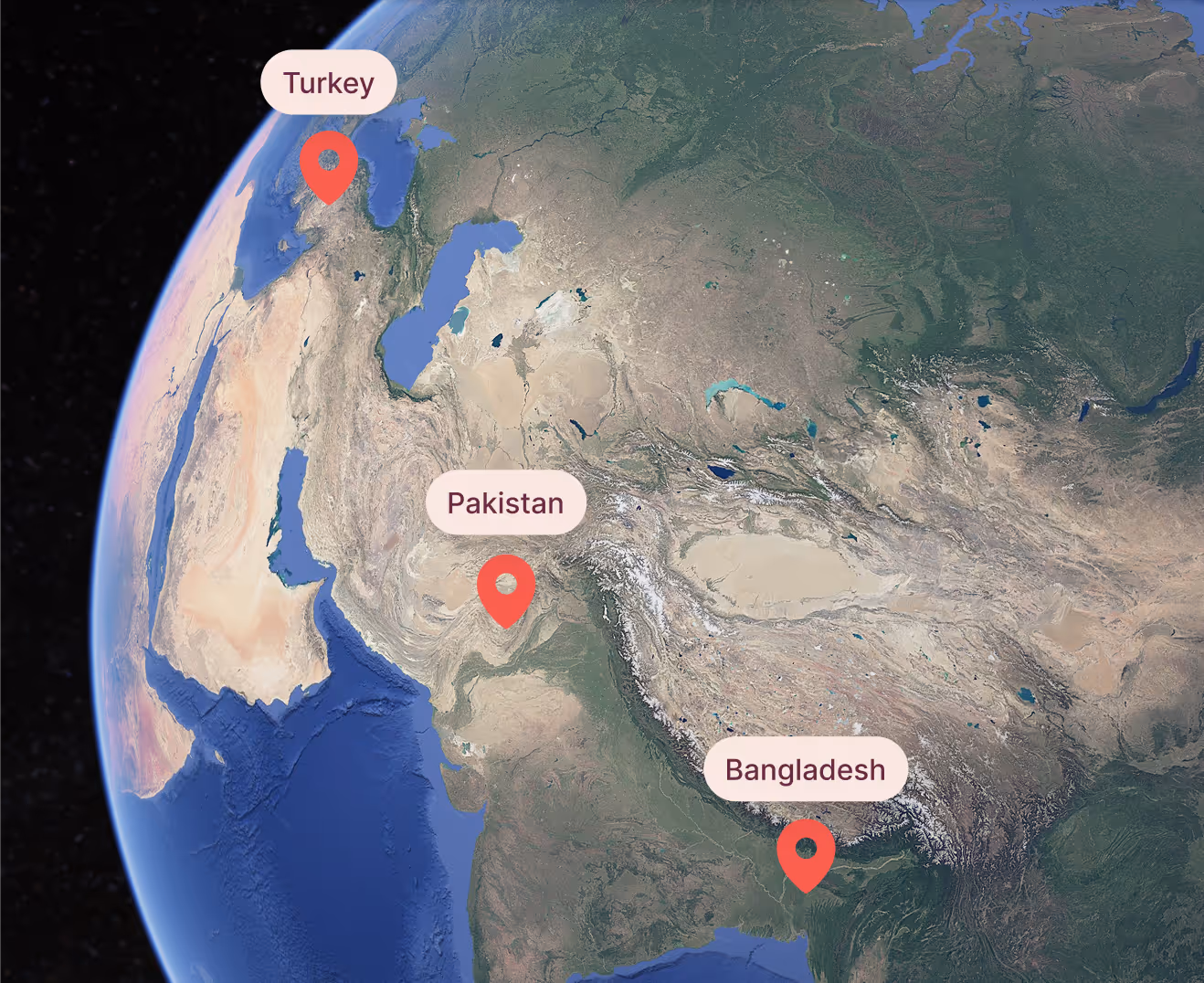 Satellite map view of part of Earth showing Turkey, Pakistan, and Bangladesh marked with red location pins and labeled with text. Turkey is located in the top left near the Mediterranean, Pakistan is in South Asia west of India, and Bangladesh is to the east of India near the Bay of Bengal.