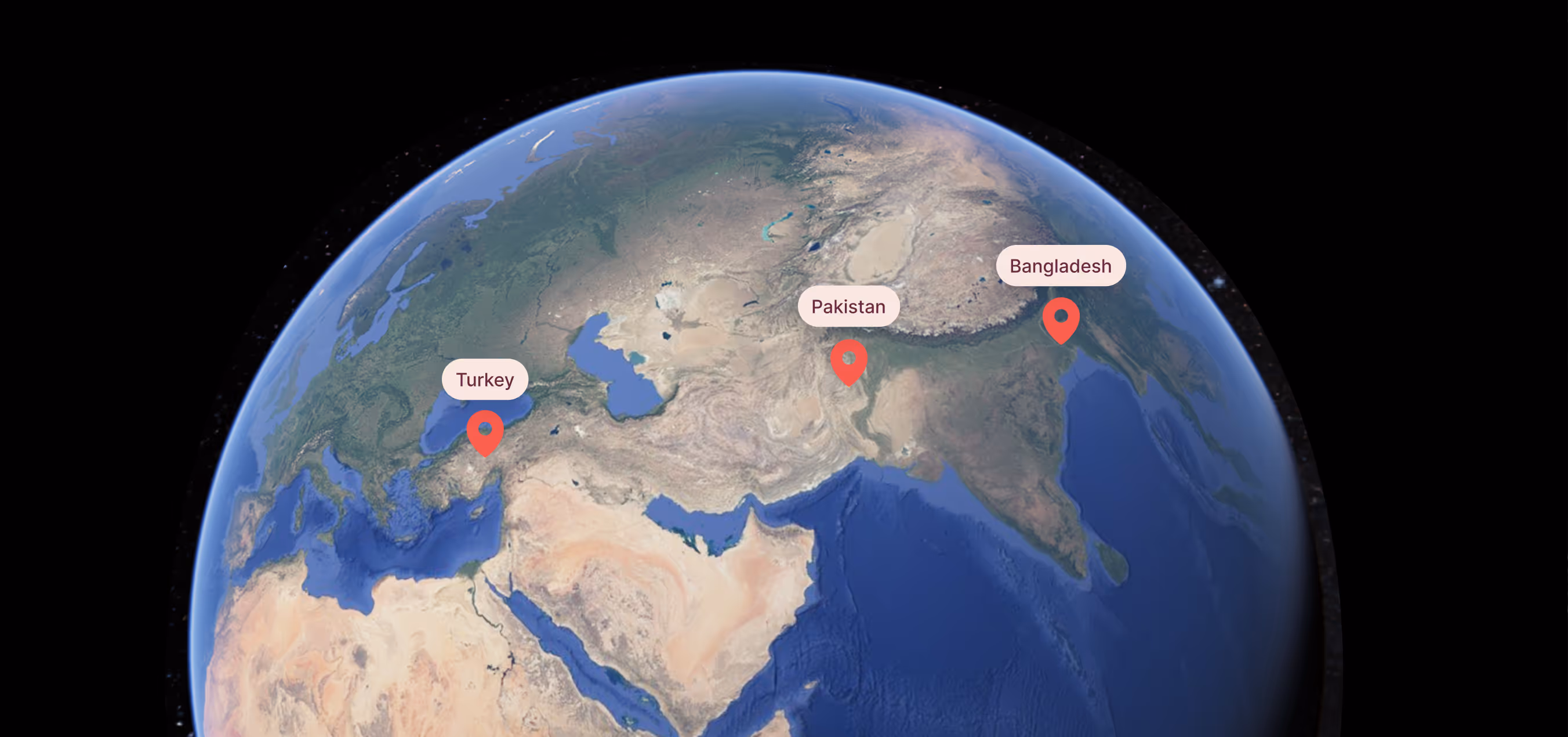 An image of Earth with Bangladesh, Pakistan, and Turkey highlighted.