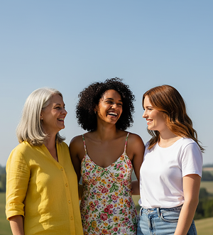 Three women of different ages smiling and standing together outdoors under a clear sky.