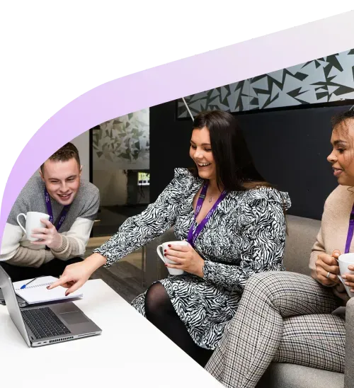 three people talking with purple gradient in the back 