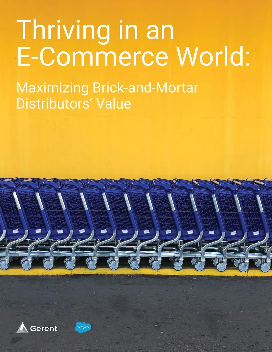 a row of royal blue shopping carts lined up against a yellow wall