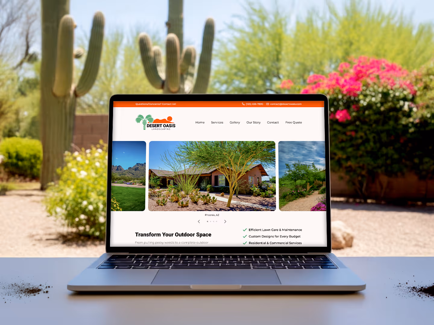 A laptop sits on an outdoor table, displaying the website for Desert Oasis Landscaping. The screen shows a homepage with a logo, navigation menu, and a gallery of landscaping projects, including a manicured lawn, a desert home, and a walking path.
