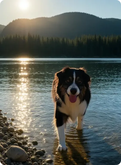 A cute minnie aussie by a lake at sunset