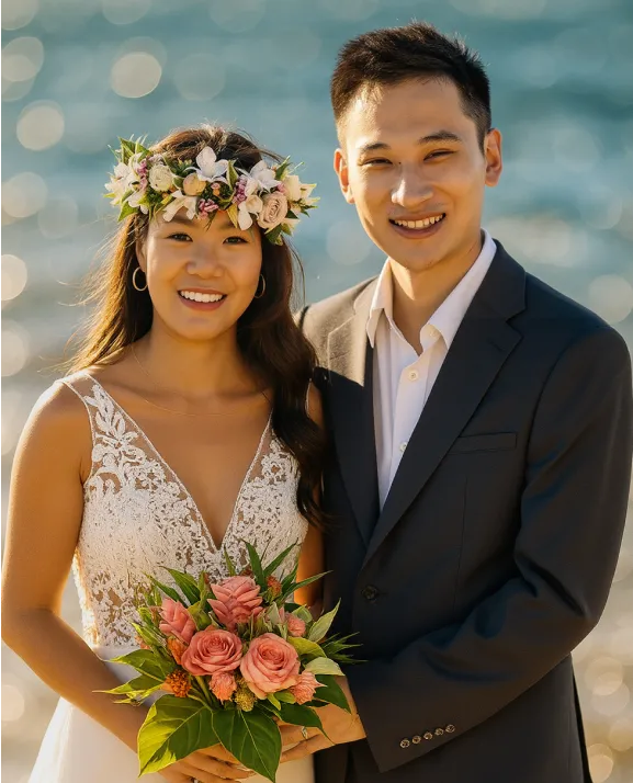 A newly wed on the beach, intimate style.