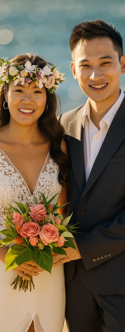 A newly wed on the beach, intimate portrait style.