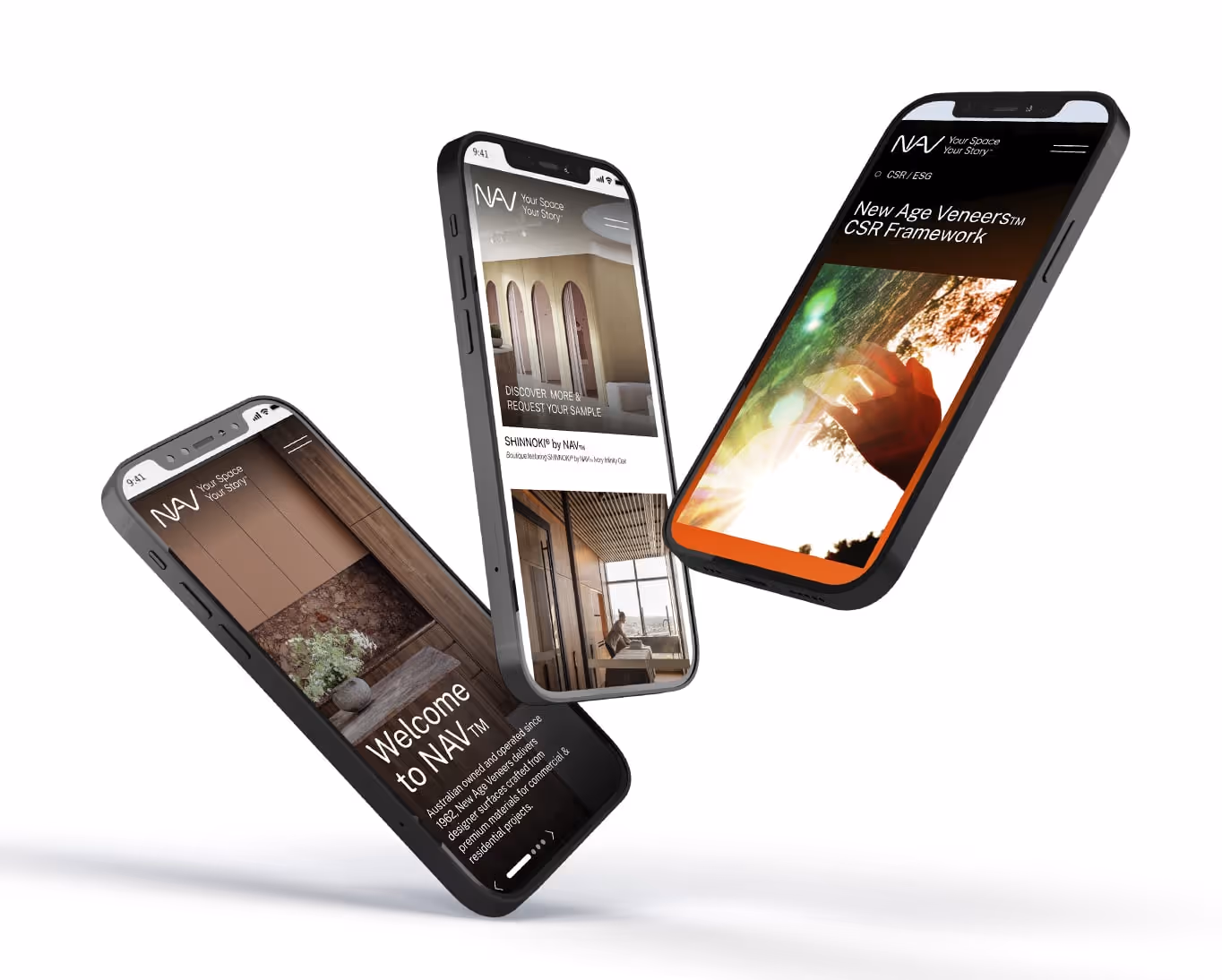 Three floating smartphones displaying the NAV™ website, showcasing modern interior design, sustainable materials, and product features like SHINNOKI® and the CSR Framework. The sleek mobile interface highlights responsive web design for architecture and design brands.