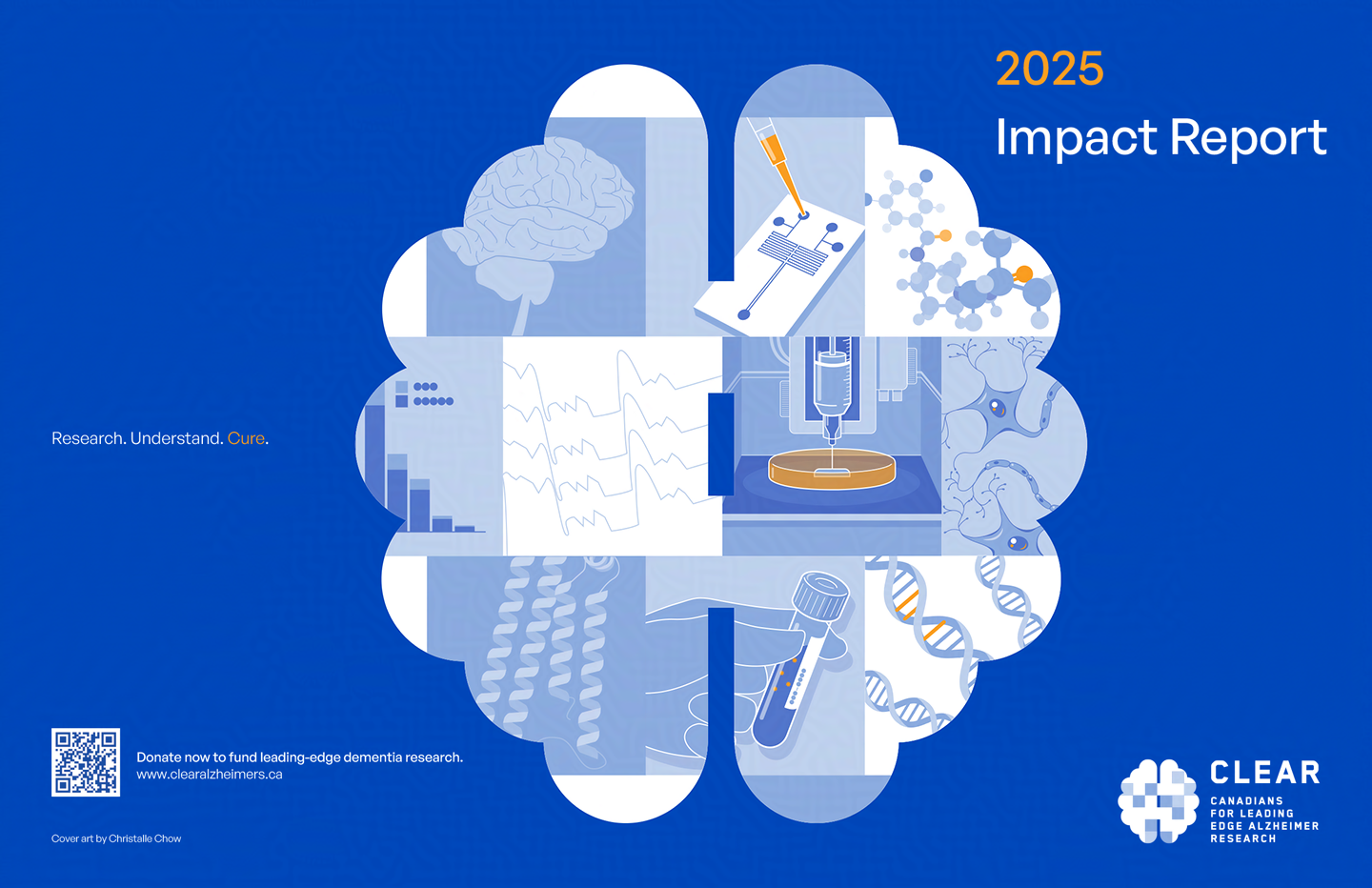 A cover illustration for an impact report, depicting various areas of dementia-related research.