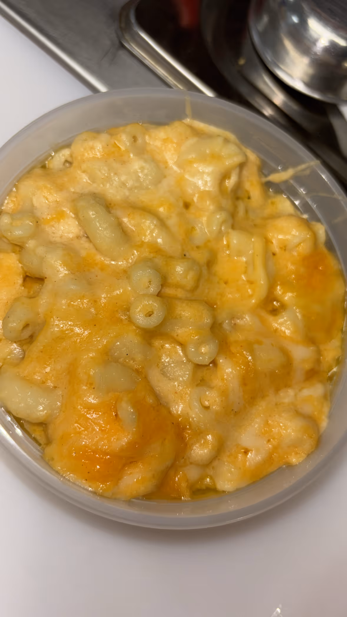 Close-up of macaroni and cheese in a round plastic container with melted cheese on top.