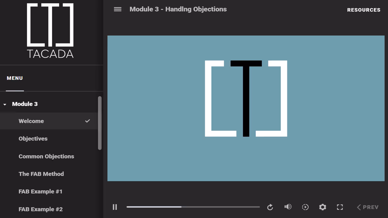 Online training module interface for 'Module 3 - Handling Objections' with menu and TACADA logo.