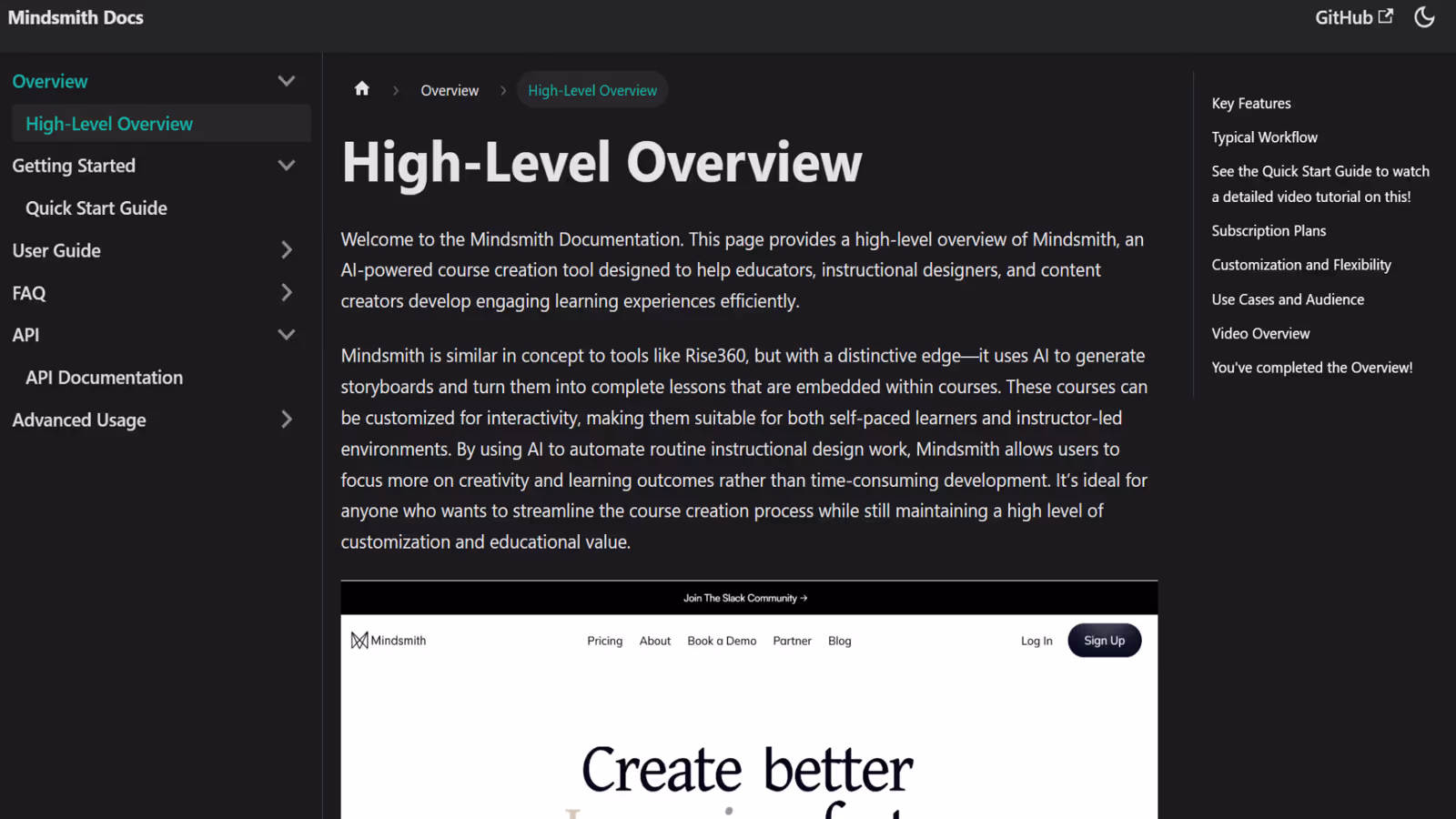 Screenshot of Mindsmith Docs webpage showing a high-level overview of Mindsmith, an AI-powered course creation tool with a navigation menu on the left and a list of key features on the right.