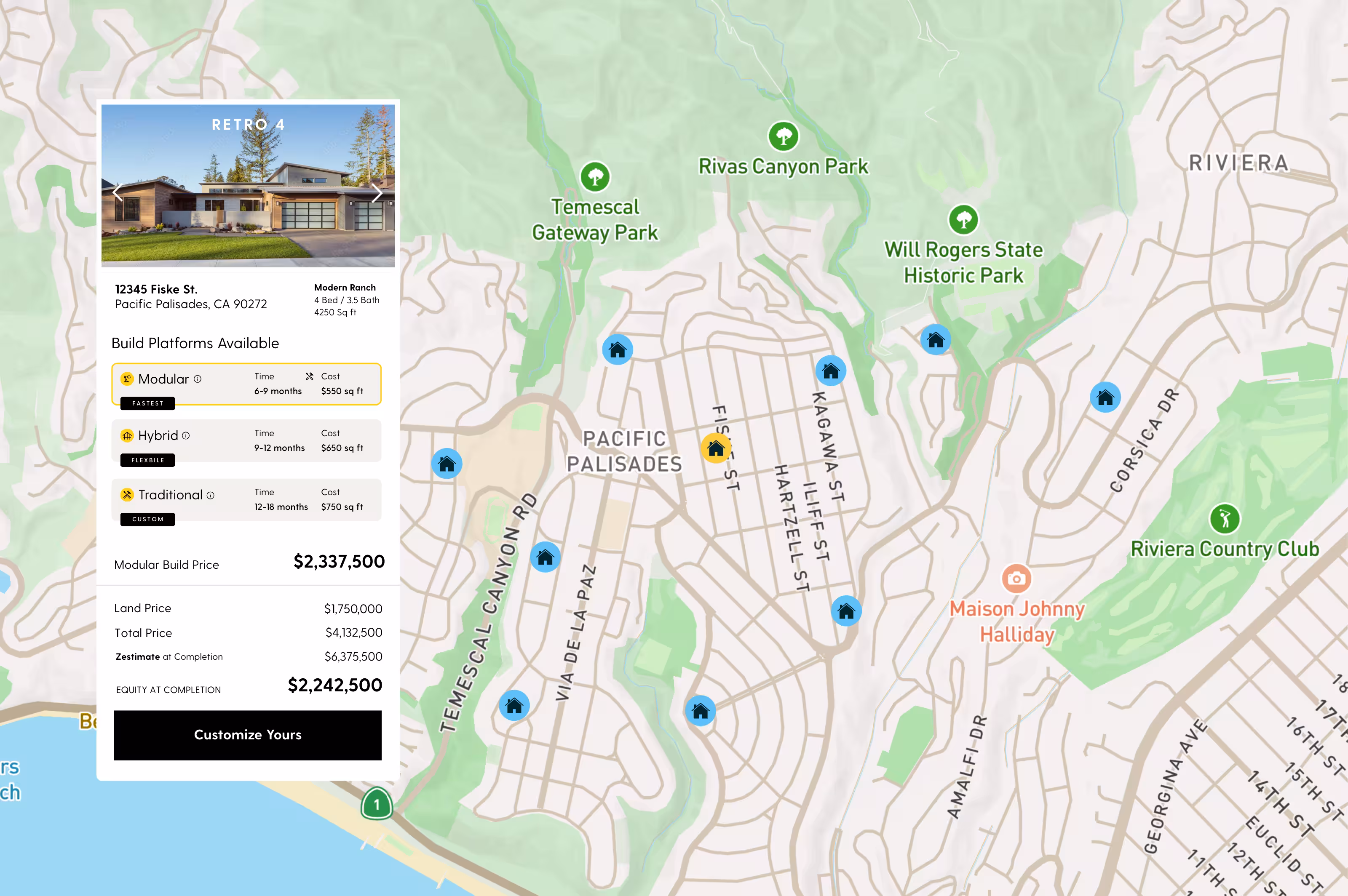 Map of Pacific Palisades showing house icons and nearby parks with a sidebar featuring a modern ranch home at 12345 Fiske St., build platform options, and pricing details.