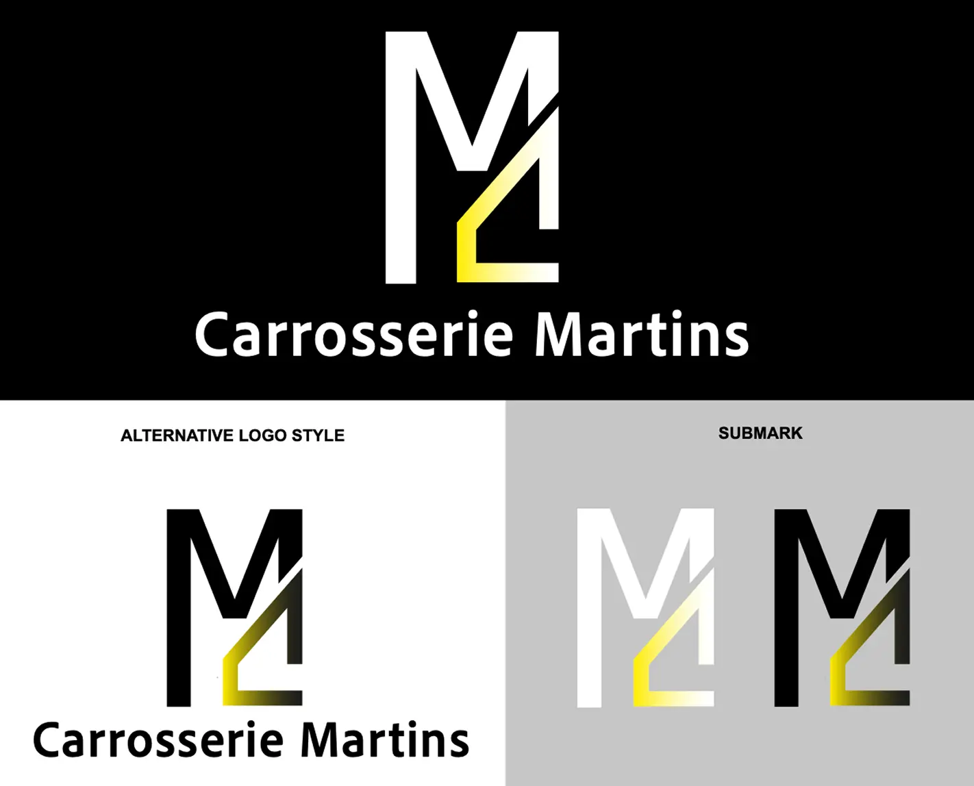 Three variations of the Carrosserie Martins logo featuring stylized M and L shapes, with black, white, and yellow color schemes.