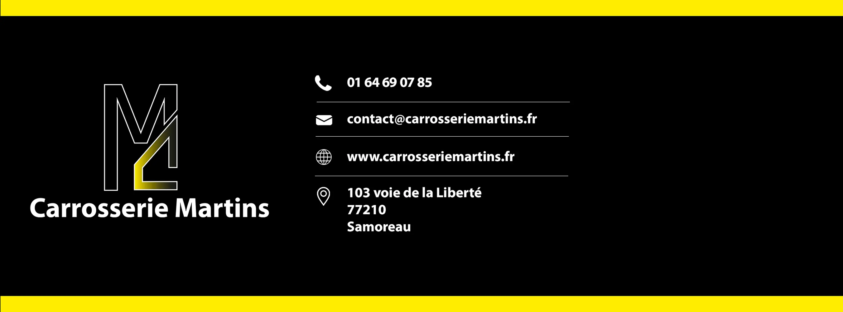 Carrosserie Martins logo with contact details including phone number, email, website, and address in Samoreau.