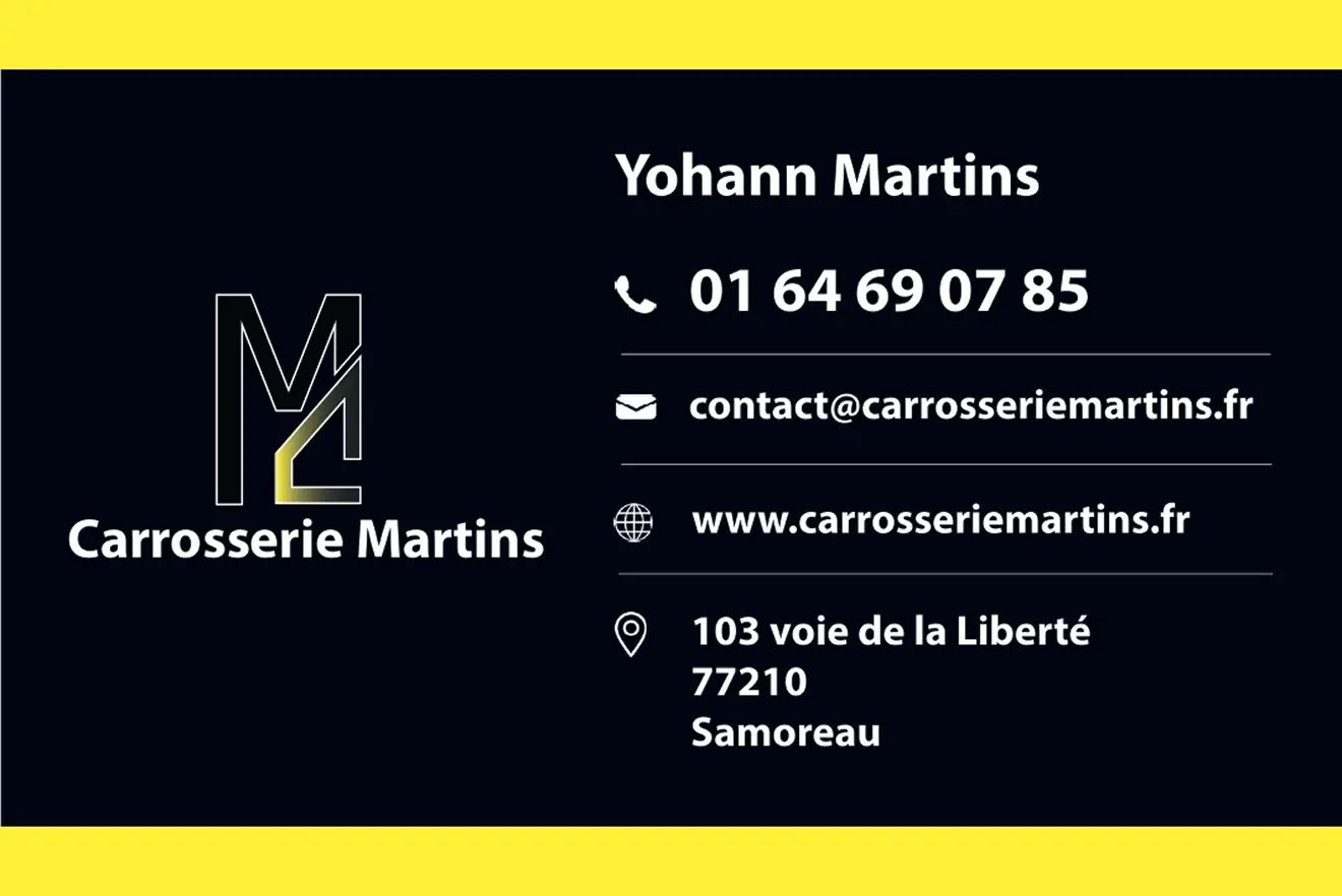 Business card for Carrosserie Martins with logo and contact details including phone number 01 64 69 07 85, email contact@carrosseriemartins.fr, website www.carrosseriemartins.fr, and address 103 voie de la Liberté, 77210 Samoreau.