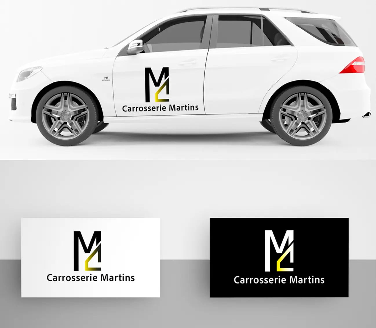 White SUV with black and yellow Carrosserie Martins logo on the door, and two business cards below showing the same logo on white and black backgrounds.