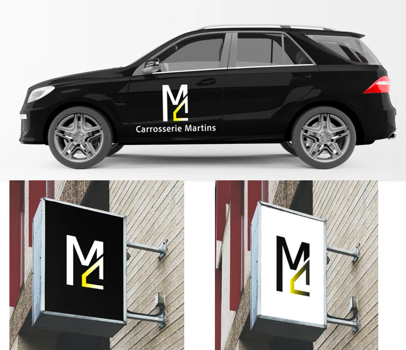 Black SUV with Carrosserie Martins logo on the door and two square business signs mounted on a wall, each showing the stylized M and C logo in black and yellow on contrasting black and white backgrounds.
