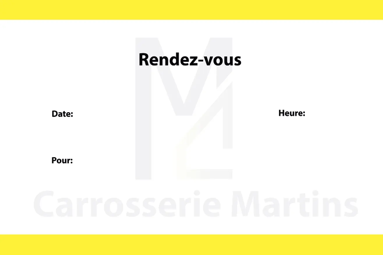 Appointment card with headers for Date, Time, and For, featuring the logo and name Carrosserie Martins.
