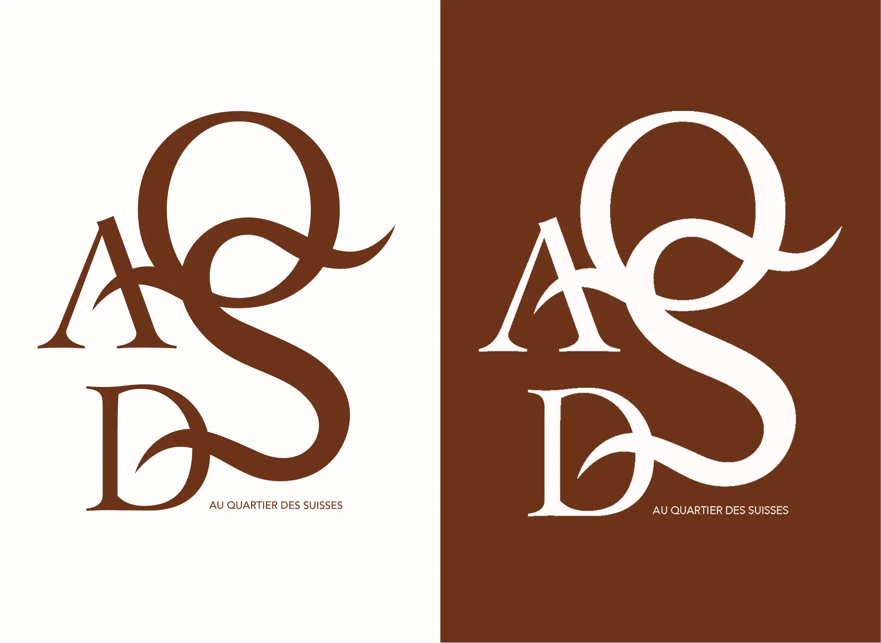 Two side-by-side logos with stylized intertwined letters 'A', 'Q', and 'D' above the text 'AU QUARTIER DES SUISSES', one in brown on white background, the other in white on brown background.