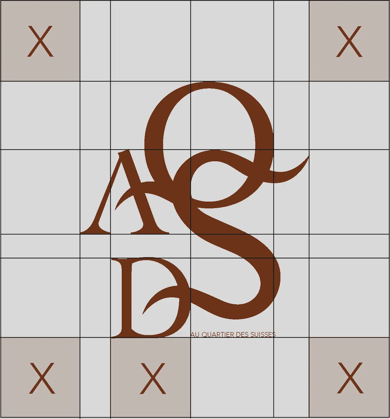 Brown stylized letters A, Q, S, and D overlapping in the center with small text 'AU QUARTIER DES SUISSES' below, framed by a grid with brown X marks in the corners.
