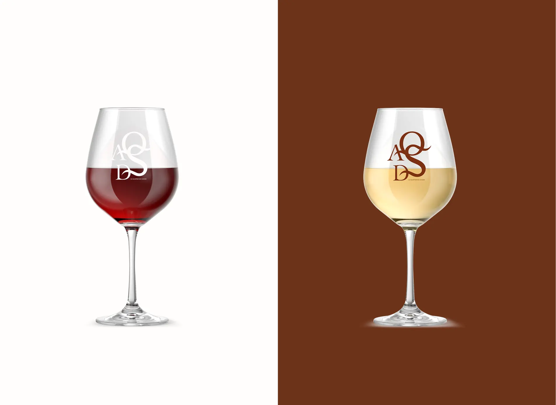 Two wine glasses side by side, one with red wine on a white background, and the other with white wine on a brown background, both featuring overlapping letters A, Q, S, and D on the glass.