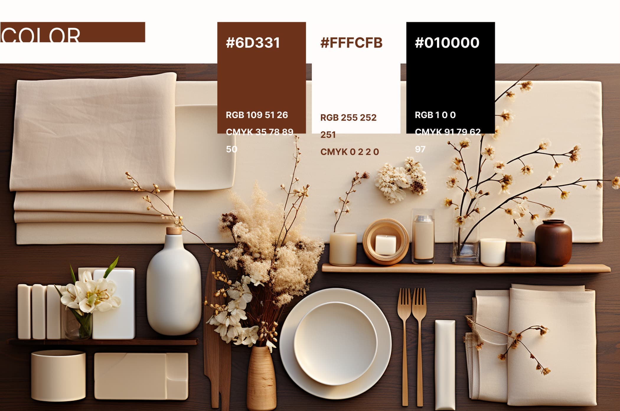Flat lay of elegant beige and brown dining table setup with plates, utensils, candles, vases, and dried flowers on a wooden surface.