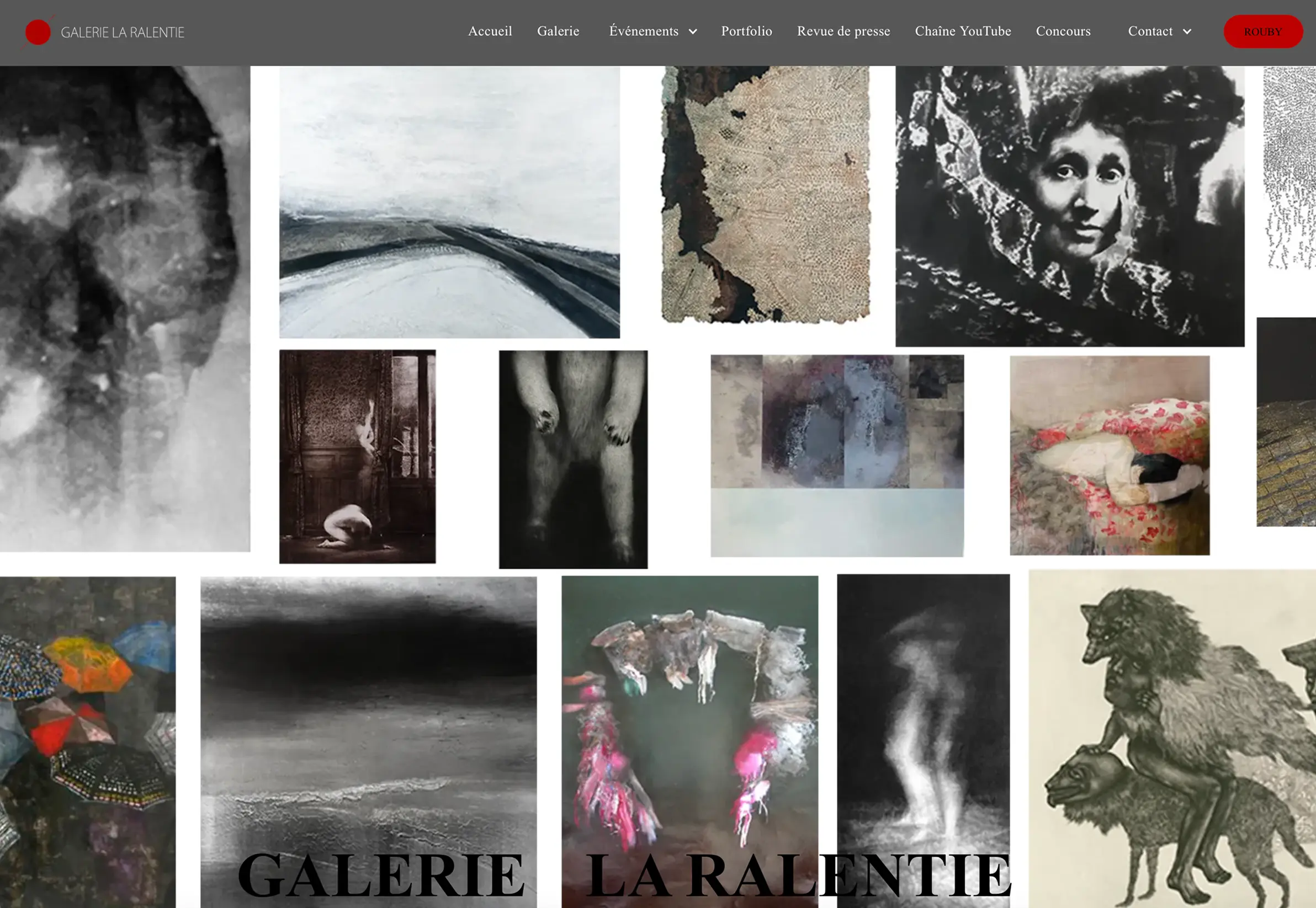 Collage of various artworks including abstract landscapes, human figures, animals, and mixed media pieces displayed on Galerie La Ralentie website.