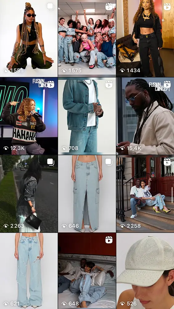 Collage of nine fashion images featuring diverse models in trendy urban clothing including denim, casual wear, and accessories.
